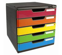 Exacompta - Ref. 331798D MODULO A4 - Caja de 5 cajones con cierre de llave para documentos A4+ - Dimensiones exteriores: 35 x ancho 28,8 x 32 cm - Negro/arlequín brillante