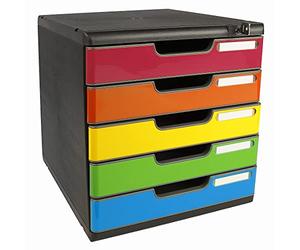 Exacompta - Ref. 331798D MODULO A4 - Caja de 5 cajones con cierre de llave para documentos A4+ - Dimensiones exteriores: 35 x ancho 28,8 x 32 cm - Negro/arlequín brillante