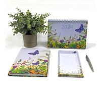 Exacompta Ref GS036Z - Paquete de organización 2024 - Contiene un diario de tamaño A5, calendario de escritorio (mes por vista) y un bloc de notas de lista de la compra en diseño de mariposas y flores