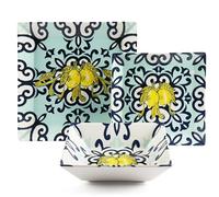 Excelsa Amalfi - Servicio de platos cuadrados de cerámica, juego de 18 piezas con decoración de limones y frios azules