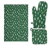 Excelsa Green Winter - Juego de 3 paños de Cocina de algodón Verde con diseño de abetos Blancos, Incluye paño de Cocina de 50 x 70 cm, manopla de 20 x 20 cm y Guante de Horno, colección navideña