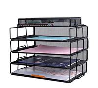 Exerz Organizador de Escritorio de Malla de Alambre, Paquete de 5 Piezas, clasificador de Papel apilable de 4 Niveles, Organizador de Accesorios, 4 Compartimentos/Multifuncional - Negro