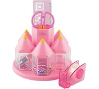 EXERZ Organizador de Escritorio Giratorio, Portalápices conjunto con 5 Cajas para Accesorios - Equipado con Tijeras de Seguridad (NO afilada), Regla, Dispensador de Cinta, Goma de Borrar, Clips (Rosa)