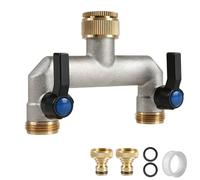 EXLECO Distribuidor de Agua Latón 2 Vías G3/4" con Adaptador 1/2", Llave de Paso Individual, Mando Metálico, Conexión para Grifo Jardín, Lavadora, Manguera, Bifurcador en H con Válvula Bola para Riego