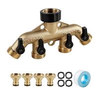 EXLECO Distribuidor de Agua Latón 4 Vías G3/4" con Adaptador 1/2", Llave de Paso Independiente, Mando Metálico, Conexión para Grifo Jardín, Lavadora, Manguera, Repartidor con Válvula Bola para Riego