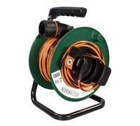 Extensor con contacto de protección, 50 m, con carrete de cable y sistema de bloqueo, H05VV-F 3 x 1,5 mm², fuerza de tracción de 12 kg, soporte de enchufe patentado, resistente y seguro, ideal