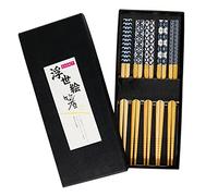 Exzact Set De Regalo De Palillos Chinos - 5 Pares De Palillos De Bambú Natural Reutilizables En Una Hermosa Caja Negra Hecha A Mano - Decorado con Ornamentación Azul Antiguo Japonés