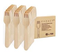 EXZACT Tenedores de madera desechables 150 piezas - Reciclables - Tenedores de cubiertos de madera para fiestas x 150, camping, viajes y barbacoa