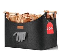 Ezilif Cesta de madera para leña grande XXL, cesta para leña con doble piel reforzada, 100 L, cesta de fieltro para leña con bolsillo frontal, cesta plegable para leña de chimenea, 60 x 40 x 40 cm
