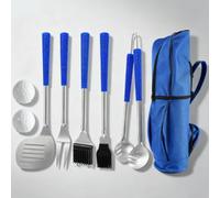 F Fityle Utensilios de Barbacoa Kit Herramientas Accesorios Parrilla Acero Inoxidable Alcance Largo Antideslizantes Cepillo y Brocha Esfera Limpieza Bolsa Adecuada para Jardín Camping Pícnic, Azul