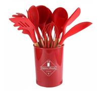 F Fityle Utensilios de Cocina de Silicona Set Completo Herramientas Espátulas Resistente a 230 °c con Mango de Madera y Recipiente Adecuado para Cocina Familiar Estudiantes Uso, Red