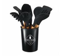 F Fityle Utensilios de Cocina de Silicona Set Completo Herramientas Espátulas Resistente a 230 °c con Mango de Madera y Recipiente Adecuado para Cocina Familiar Estudiantes Uso, Black