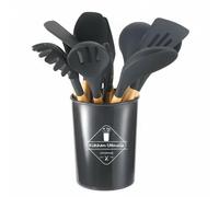 F Fityle Utensilios de Cocina de Silicona Set Completo Herramientas Espátulas Resistente a 230 °c con Mango de Madera y Recipiente Adecuado para Cocina Familiar Estudiantes Uso, Dark Gray