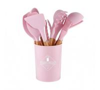 F Fityle Utensilios de Cocina de Silicona Set Completo Herramientas Espátulas Resistente a 230 °c con Mango de Madera y Recipiente Adecuado para Cocina Familiar Estudiantes Uso, Pink