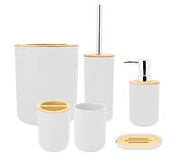 Fabater Juego de Accesorios de Baño de 6 Piezas: Jabonera, Soporte para Cepillo de Dientes, Taza de Enjuague, Botella de Loción, Bote de Basura, Kit de Escobilla de Baño con Material de PP de bambú,