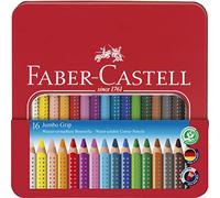 FABER-CASTELL 110916 - Juego de lápices de colores Jumbo Grip, 16 lápices en estuche metálico, fácilmente lavables y resistentes a la rotura