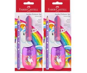Faber-Castell 111528 - Set de escritura Unicornio con lápiz jumbo, sacapuntas y goma de borrar, set escolar para niños (Paquete de 2)
