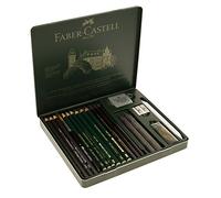 Faber-Castell 112973 - Estuche de Metal con 3 Lápices de Colores Acuarelables - 6 grafitos 9000-3 grafito Pitt puro - 2 Grafitos y Accesorios - Multicolor