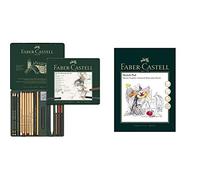 Faber-Castell 112976 Estuche de metal con 21 piezas, surtido de carbonos, grafitos, ecolápices y tizas + Bloc de dibujo A4