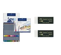 Faber-Castell 114648 estuche de metal con 48 ecolápices acuarelables hexagonales goldfaber aqua, colores surtidos + Blister 2 gomas de borrar Goldfaber blanco