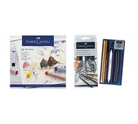 Faber-Castell 128324 Soft Pastel - Estuche de 24 barras soft pastel & 114002, Juego de Dibujo Goldfaber Carbón, 7 Piezas, Multicolor