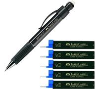 Faber-Castell 130733 Portaminas GRIP PLUS, grosor de mina: 0,7 mm, color del cuerpo: negro metalizado + 5 x 12 minas de repuesto