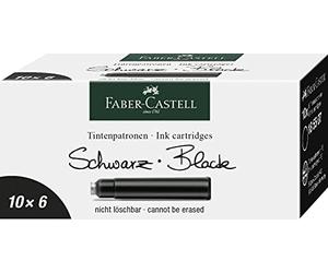 Faber-Castell 185507 Paquete de cartuchos de tinta de 6 x 10 unidades, negro, estándar, borrable en azul, para plumas estilográficas con sistema de cartucho estándar, tintas de calidad fabricadas en