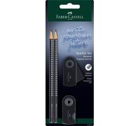 FABER-CASTELL - Set de lápices Sparkle con sacapuntas y goma de borrar | Estuche «Sleeve» en negro+ con 2 lápices Sparkle, sacapuntas y goma de borrar para escribir, dibujar y esbozar