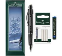 Faber-Castell Grip Plus - Portaminas + 12 minas de recambio HB de 0,7 mm + recambios de borrador en embalaje de sobre (Negro)