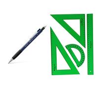 Faber-Castell - Portaminas colo azul metalizado con mina de 0,5 mm, 1 unidad & 65021 - Pack escolar con escuadra, cartabón, regla y semicírculo, color verde