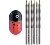 Faber-Castell - Sacapuntas de doble punta escarabajo con goma de borrar (+ 6 lápices de grafito) - Negro