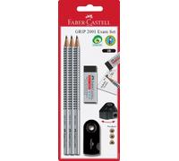 FABER-CASTELL 217079 - Set de lápices Grip 2001 Exam con 3 lápices, 1 goma de borrar y 1 sacapuntas, plateado/negro