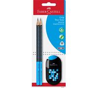 FABER-CASTELL - Set de lápices Grip Two Tone, 3 unidades | No es posible elegir los colores: juego con 2 lápices con zona de agarre y sacapuntas doble con goma para colegio y oficina