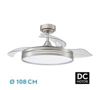 FABRILAMP MICENAS ventilador de techo con luz LED para interior, motor DC, 4 aspas desplegables, 6 velocidades, regulación de intensidad, memoria, color níquel