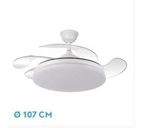 FABRILAMP Ventilador Dc Tridente 59w Blanco 4aspas Desplegables.107CM 6980lm Regulador de intensidad Remoto+temporizador+memoria 3000-4000-6000k Mandos y dos tijas de 12,5 y 20 centímetros