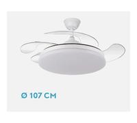 FABRILAMP Ventilador Dc Tridente GRANDE 59w BLANCO 4aspas Desplegables.50/107CM 6980lm DIMMABLE Regulador de intensidad Remoto+temporizador+memoria 3000-4000-6000k Mandos y dos tijas de 12,5 y 20 cent