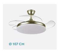 FABRILAMP Ventilador Dc Tridente GRANDE 59w CUERO 4aspas Desplegables.50/107CM 6980lm DIMMABLE Regulador de intensidad Remoto+temporizador+memoria 3000-4000-6000k Mandos y dos tijas de 12,5 y 20 centí