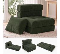Fabulcozy Sillón Convertible 4 en 1, 1 Plaza Plegable con Bolsillo Lateral, Espuma Confortable, Pana, Cojín y Reposacabezas, para Salón o Espacios Pequeños,Verde