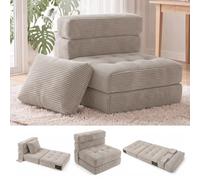 Fabulcozy Sillón Convertible 4 en 1, 1 Plaza Plegable con Bolsillo Lateral, Espuma Confortable, Pana, Cojín y Reposacabezas, para Salón o Espacios Pequeños,Caqui