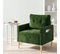 Fabulcozy,Sillón de Pana con Almacenamiento bajo el Asiento, Bolsillo Lateral y Correa, Patas Cilíndricas de Roble Macizo, Cojín Incluido, para Salón, Dormitorio o Espacio Pequeño,Verde