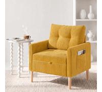 Fabulcozy,Sillón de Pana con Almacenamiento bajo el Asiento, Bolsillo Lateral y Correa, Patas Cilíndricas de Roble Macizo, Cojín Incluido, para Salón, Dormitorio o Espacio Pequeño,Amallino