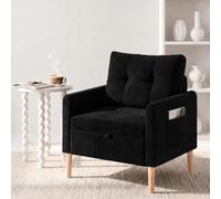 Fabulcozy,Sillón de Pana con Almacenamiento bajo el Asiento, Bolsillo Lateral y Correa, Patas Cilíndricas de Roble Macizo, Cojín Incluido, para Salón, Dormitorio o Espacio Pequeño,Negro