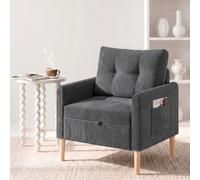 Fabulcozy,Sillón de Pana con Almacenamiento bajo el Asiento, Bolsillo Lateral y Correa, Patas Cilíndricas de Roble Macizo, Cojín Incluido, para Salón, Dormitorio o Espacio Pequeño,Gris