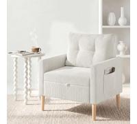 Fabulcozy,Sillón de Pana con Almacenamiento bajo el Asiento, Bolsillo Lateral y Correa, Patas Cilíndricas de Roble Macizo, Cojín Incluido, para Salón, Dormitorio o Espacio Pequeño,Blanco