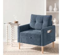 Fabulcozy,Sillón de Pana con Almacenamiento bajo el Asiento, Bolsillo Lateral y Correa, Patas Cilíndricas de Roble Macizo, Cojín Incluido, para Salón, Dormitorio o Espacio Pequeño,Azul