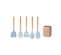 Fackelmann 30178 Set de 5 utensilios de cocina, juego de cucharas y espátulas de cocina y soporte de madera, silicona, madera FSC, 32 cm