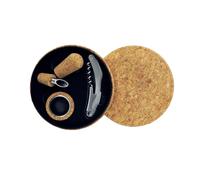 FACKELMANN 49814 - Estuche para botella de vino (3 piezas, tirador, tapón de vino, collar antigoteo, caja de vino tinto, caja de regalo, idea de regalo, corcho, acero inoxidable, diámetro: 14,8 cm)