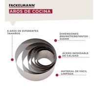 Fackelmann 6 Aros de Cocina, Moldes para Emplatar y dar forma a los alimentos, Diferentes tamaños, Acero Inoxidable, Color Gris, 5-6-7-8-10-12 x 4.5 cm, 6 Uds