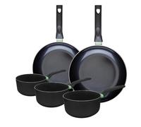Fackelmann 9430850 - Juego de 2 sartenes de 28 y 30 cm y 3 sartenes de 16, 18 y 20 cm, revestimiento cerámico antiadherente, sin PFAS, todo tipo de fuego, inducción, horno, aluminio, negro, verde, 16