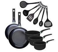 Fackelmann 9433050 - Juego de 2 sartenes de 24 y 28 cm, 3 sartenes de 16 a 20 cm y 6 utensilios, sartén antiadherente, sin PFAS, revestimiento cerámico, todo fuego, inducción, aluminio, RPET, negro
